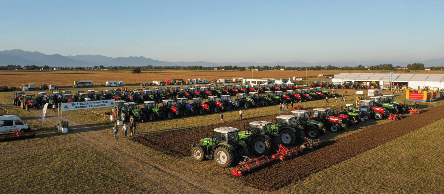 Veduta aerea di un'ampia esposizione di trattori agricoli moderni schierati in file ordinate su un campo durante una fiera agricola all'aperto, con montagne sullo sfondo.