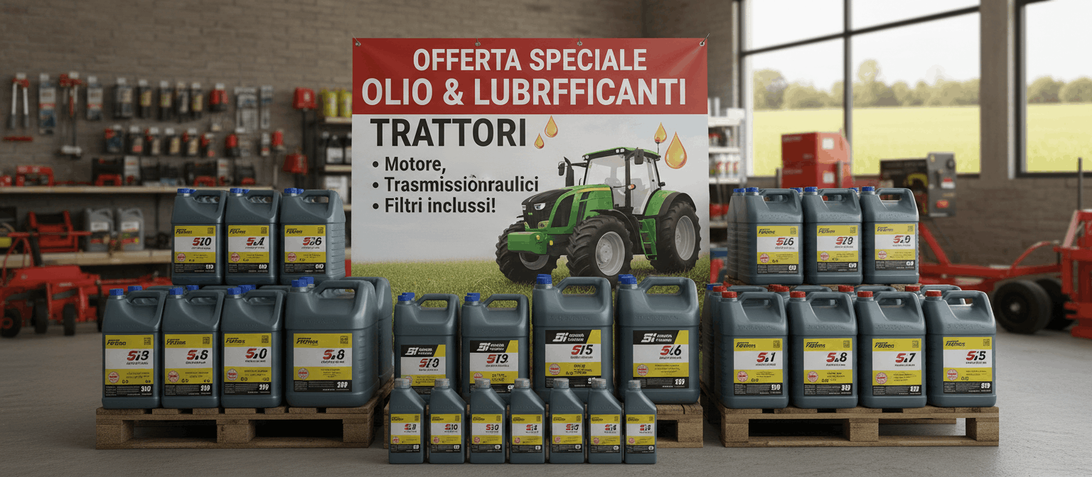 Esposizione di taniche di olio e lubrificanti per trattori su bancali di legno, con cartellone pubblicitario "Offerta Speciale Olio & Lubrificanti Trattori" in un magazzino agricolo.